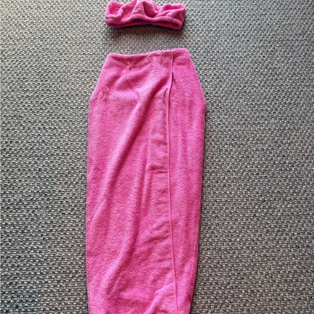 SKIMS Pink Tube Top and terry cloth wrap skirt Set